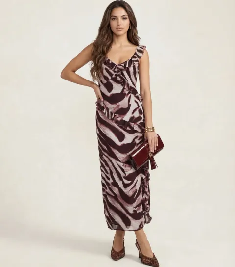 Women's Burgundy Zebra Print Ruffled Maxi Dress
