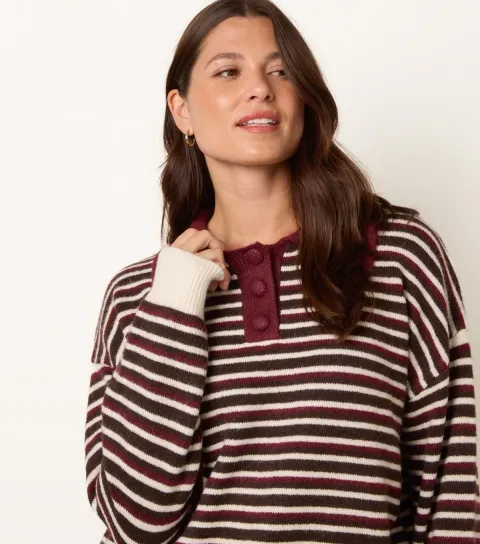 Blue Vanilla Women's Dark Burgundy Striped Knit Polo Jumper