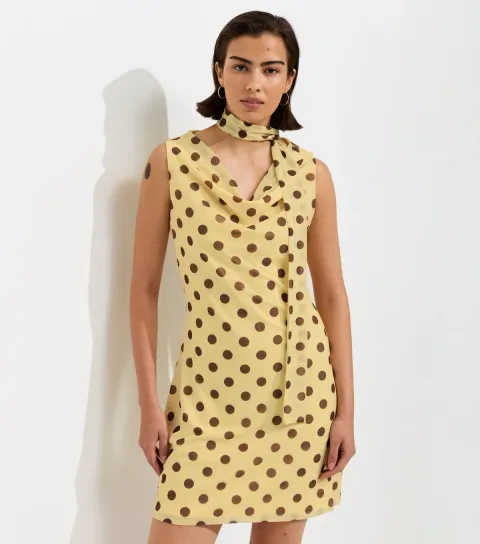 New Look Women's Brown Polka Dot Cowl Neck Mesh Mini Dress