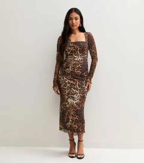 New Look Women's Petite Brown Leopard Print Mesh Square Neck Midi Dress
