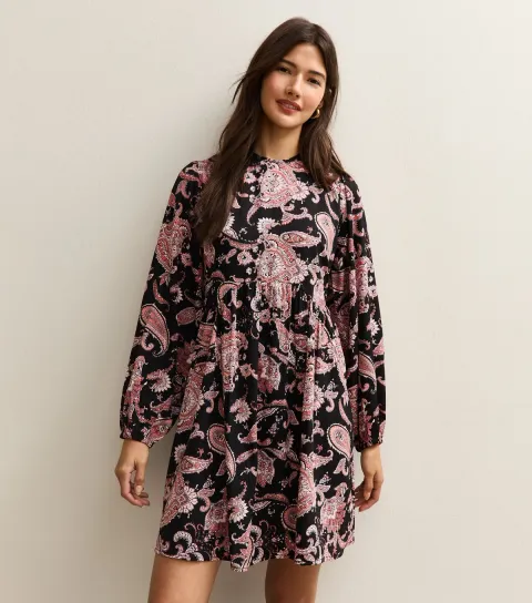 Women's Black Paisley Long Sleeve Smock Mini Dress