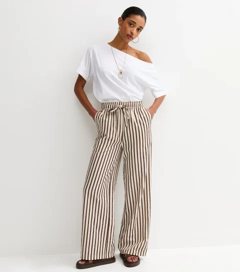 Women's Brown Striped Seersucker Wide Leg Trousers