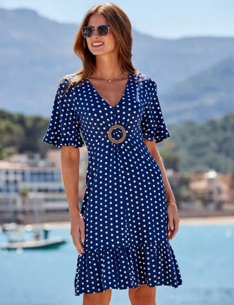 SOSANDAR Spot Print Hoop Detail Mini Smock Dress Navy Mix