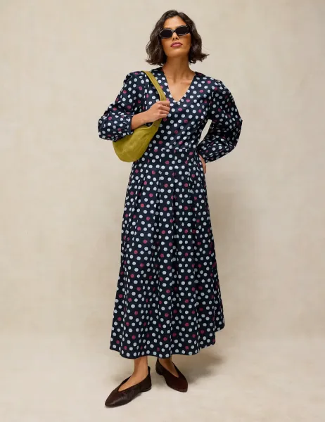 Sierra Pure Cotton Polka Dot Pleated Midi Dress Navy Mix