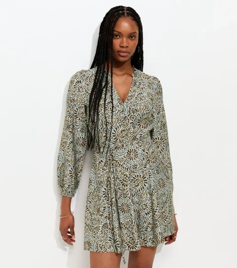Women's Blue Paisley Print Godet Skirt Mini Dress