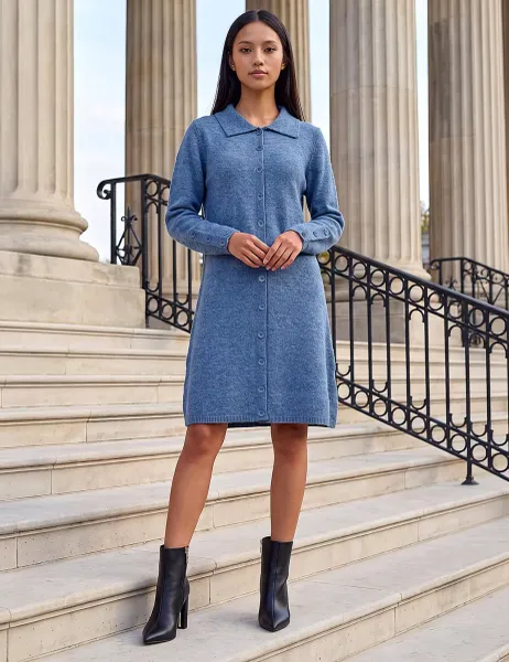 Roman Petite Collared Knitted Shift Dress Blue Mix