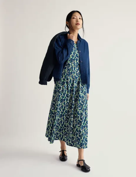 Seasalt Cornwall Cotton Rich Floral Midi Waisted Dress Blue Mix