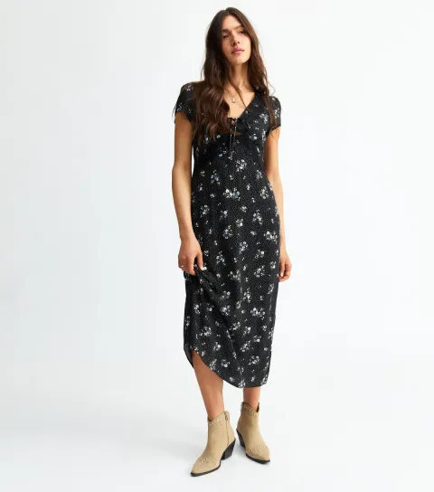 Women's Black Floral Print Lace Trim Midi Dress