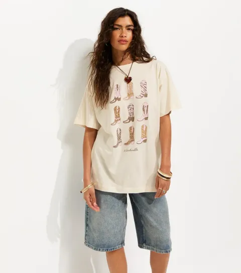 Women's Off White Cotton Cowboy Boot Oversized T-Shirt