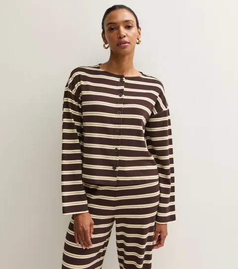New Look Women's Brown Cotton Rich Striped Button Through Long Sleeve T-Shirt