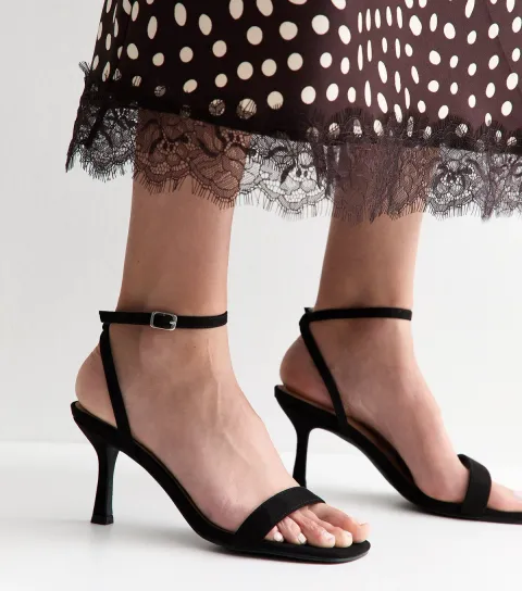 Women's Wide Fit Black Faux Suede Front Strap Stiletto Sandals Vegan