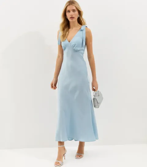 Women's Light Blue Tie Shoulder Plunge Maxi Dress