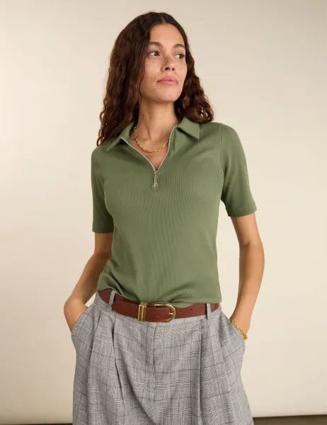 BAUKJEN Pure Cotton Ribbed Collared Top Khaki