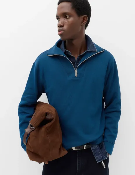 Marks & Spencer Cotton Rich Textured Half Zip Jumper Petrol