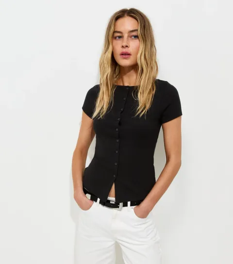 New Look Women's Black Cotton Rich Button Through Baby Tee T-Shirt