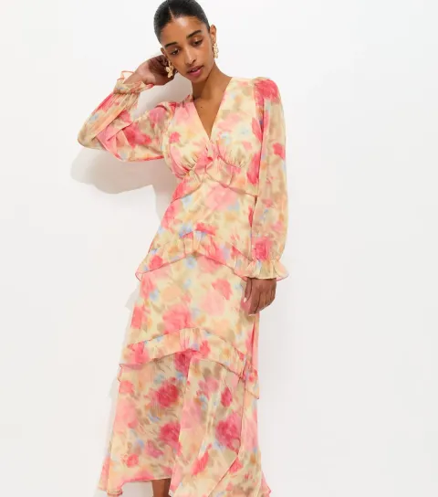 Women's Pink Chiffon Floral Long Sleeve Midi Dress