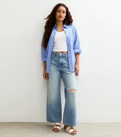 Women's Petite High Waist Ripped Wide Leg Jeans