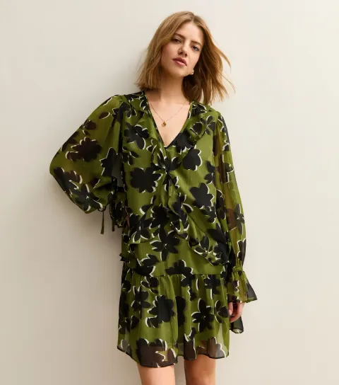 Women's Green Floral Frill Neck Mini Dress
