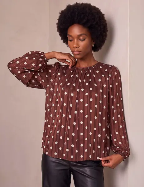 Roman Polka Dot Satin Pleat Detail Top Chocolate