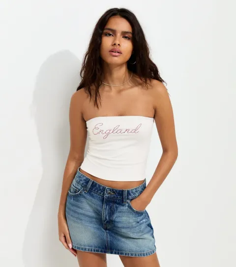 Women's White Cotton England Gem Embellished Bandeau Top