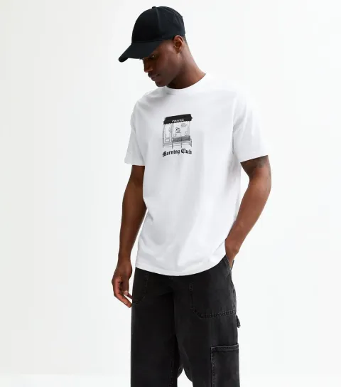New Look Men's White Oversized Morning Club Printed T-Shirt