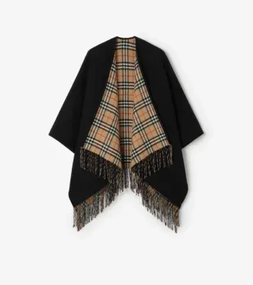 Reversible Check Wool Cape in Black/sand beige