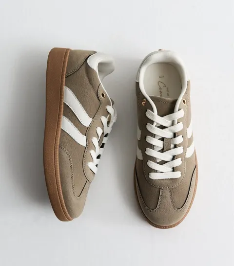Women's Dark Khaki Faux Suede and Leather Panel Gum Sole Trainers Vegan