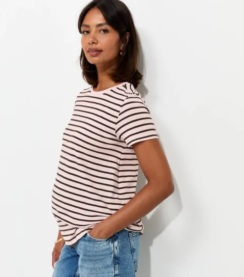 New Look Women's Maternity Pink Cotton Rich Striped Relaxed T-Shirt