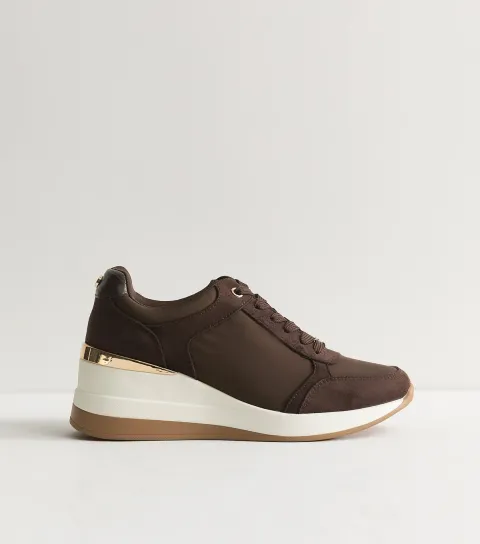 Women's Dark Brown Faux Suede Wedge Heel Lace Up Trainers Vegan