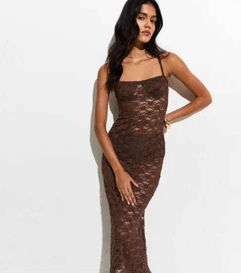 Women's Dark Brown Semi Sheer Lace Beach Maxi Dress