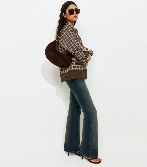 Women's Brown Cotton Check Lace Trim Shirt