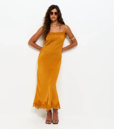 New Look Women's Dark Yellow Satin Lace Trimmed Midi Dress