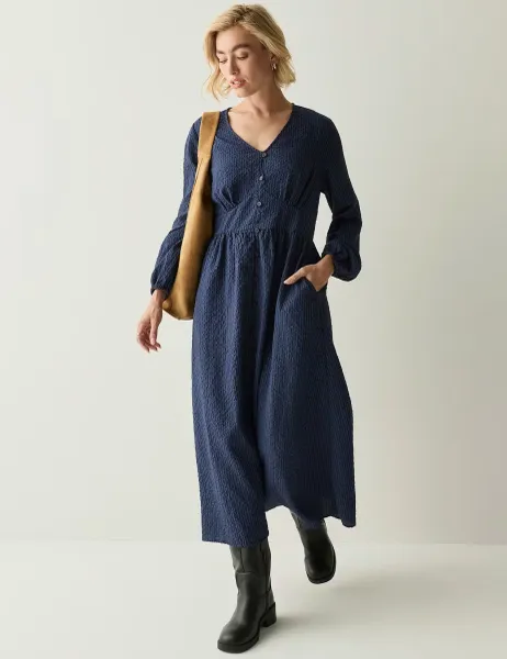 Regatta Gingham V Neck Button Front Midi Smock Dress Dark Blue