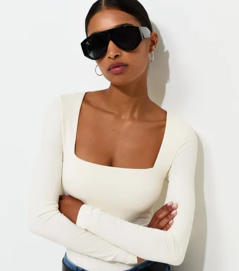 Women's Off White Long Sleeve Square Neck Slinky Bodysuit