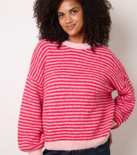 Blue Vanilla Women's Dark Red Striped Round Neck Knitted Jumper