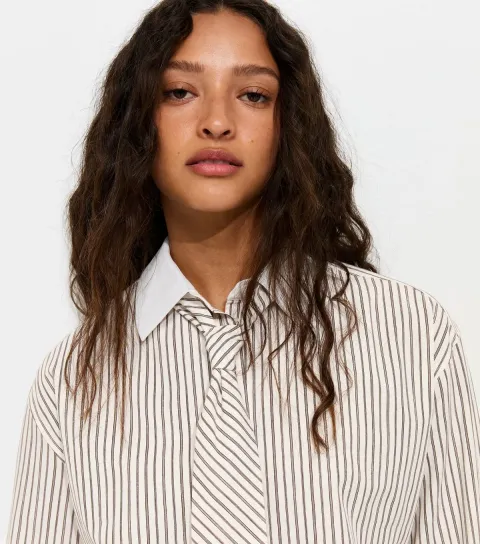 Women's White and Brown Relaxed Striped Shirt with Tie