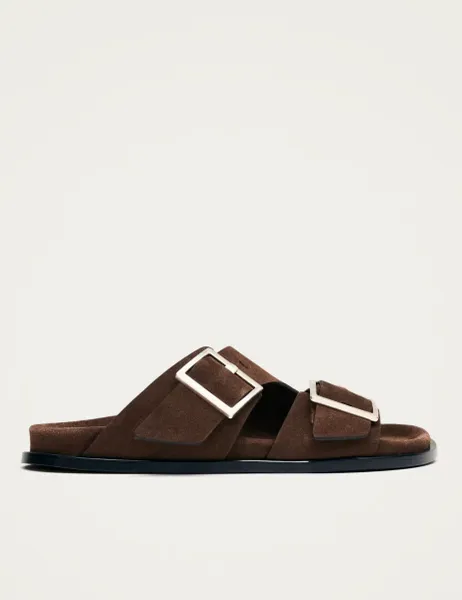 ALOHAS Leather Buckle Flat Sliders Brown