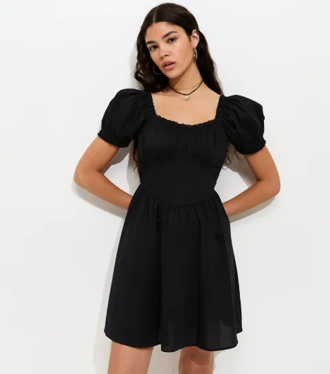 New Look Women's Black Cotton Lace Trim Corset Waist Milkmaid Mini Dress