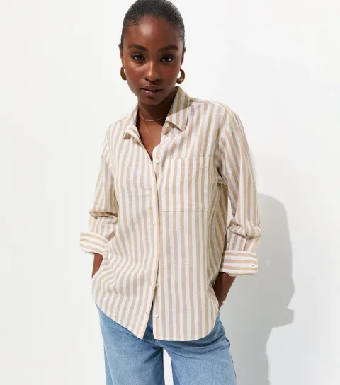 Women's Brown Cotton Linen Striped Long Sleeve Shirt