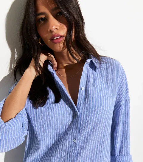 Women's Blue Striped Oversized Long Sleeve Beach Shirt
