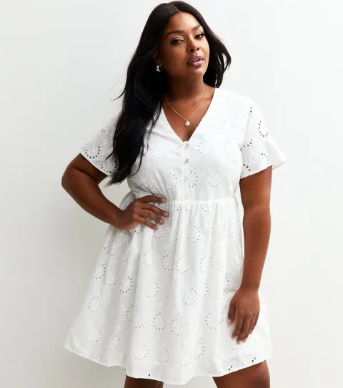 New Look Women's Plus Size White Broderie Anglaise Mini Dress Curves