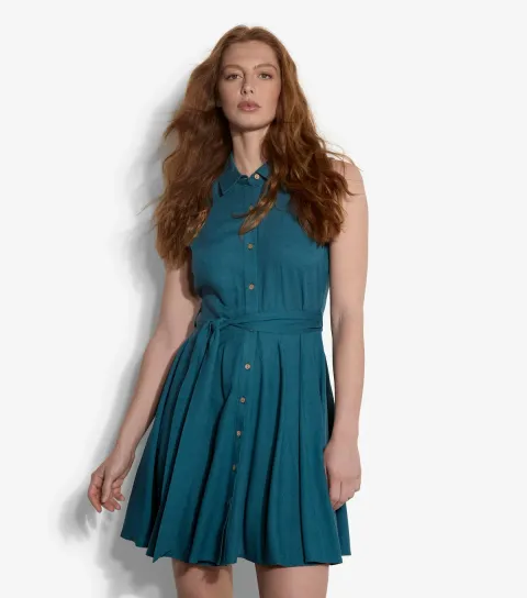 Women's Teal With Linen Sleeveless Mini Shirt Dress