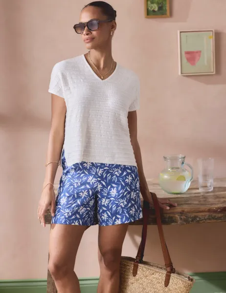 Crew Clothing Lyocell Blend Floral High Waisted Shorts Blue Mix