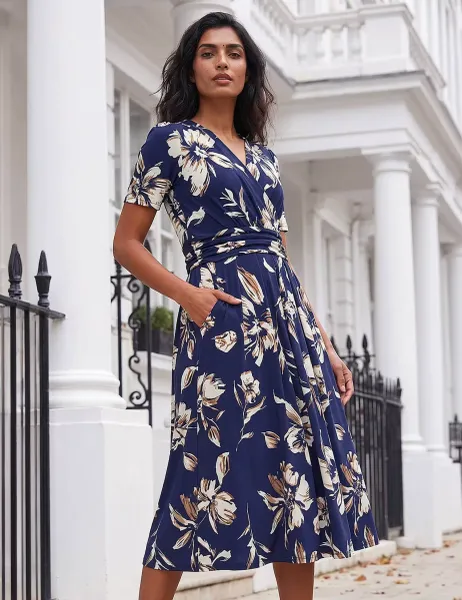 Roman Floral V-Neck Midi Wrap Skater Dress Blue