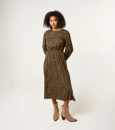 Women's Dark Khaki Animal Print Midi Dress