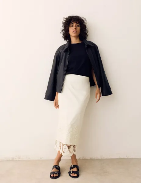 Per Una Pure Cotton Embroidered Midaxi Column Skirt Light Cream