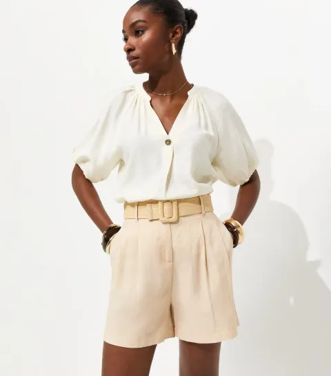 New Look Women's Stone Linen Blend Belted Shorts