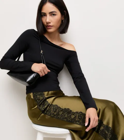 Women's Light Khaki Satin Lace Trim Midi Skirt