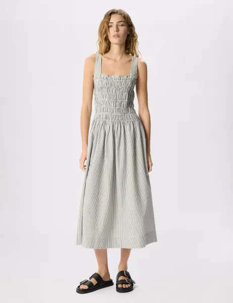 Whistles Seersucker Ruched Bodice Dress White Mix