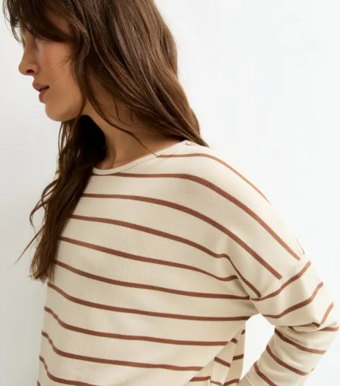 Women's Tall Cream Striped Cropped Sleeve Top